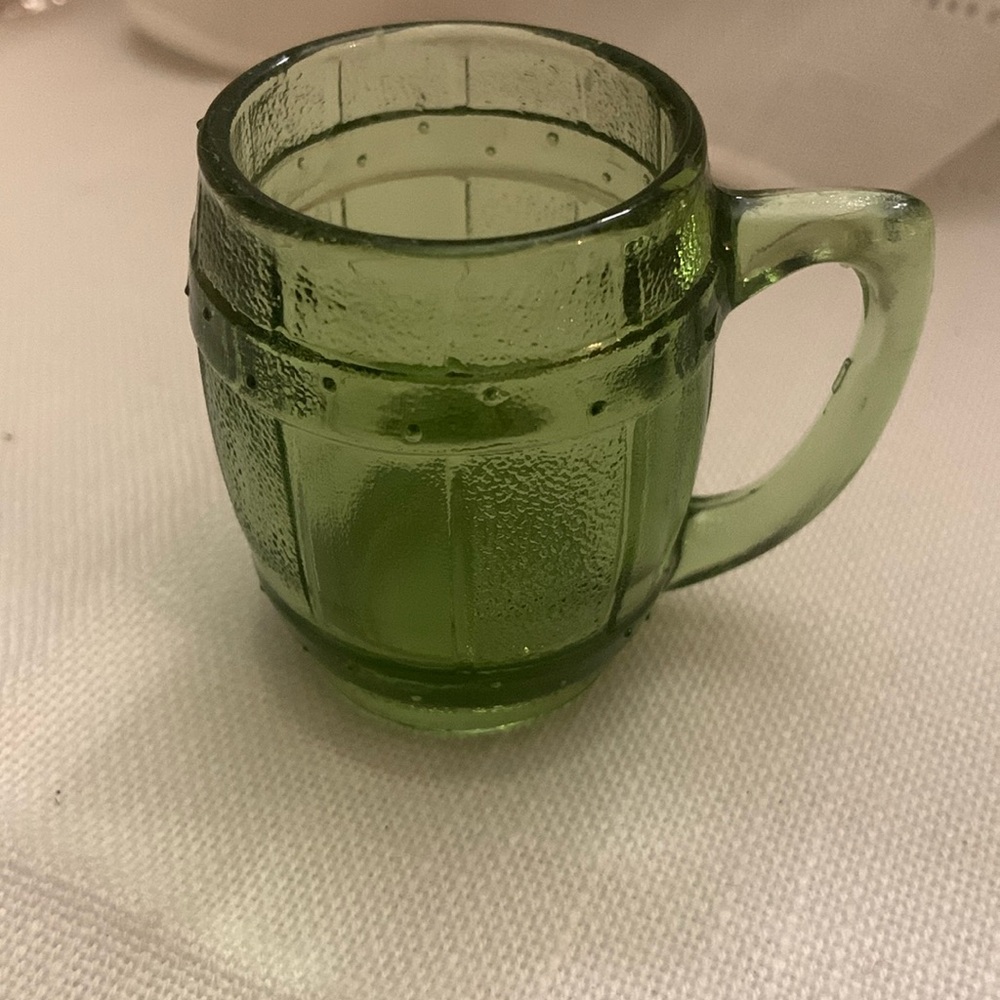 Vintage Green Glass Whiskey Barrel Shot Glass With Handle.
